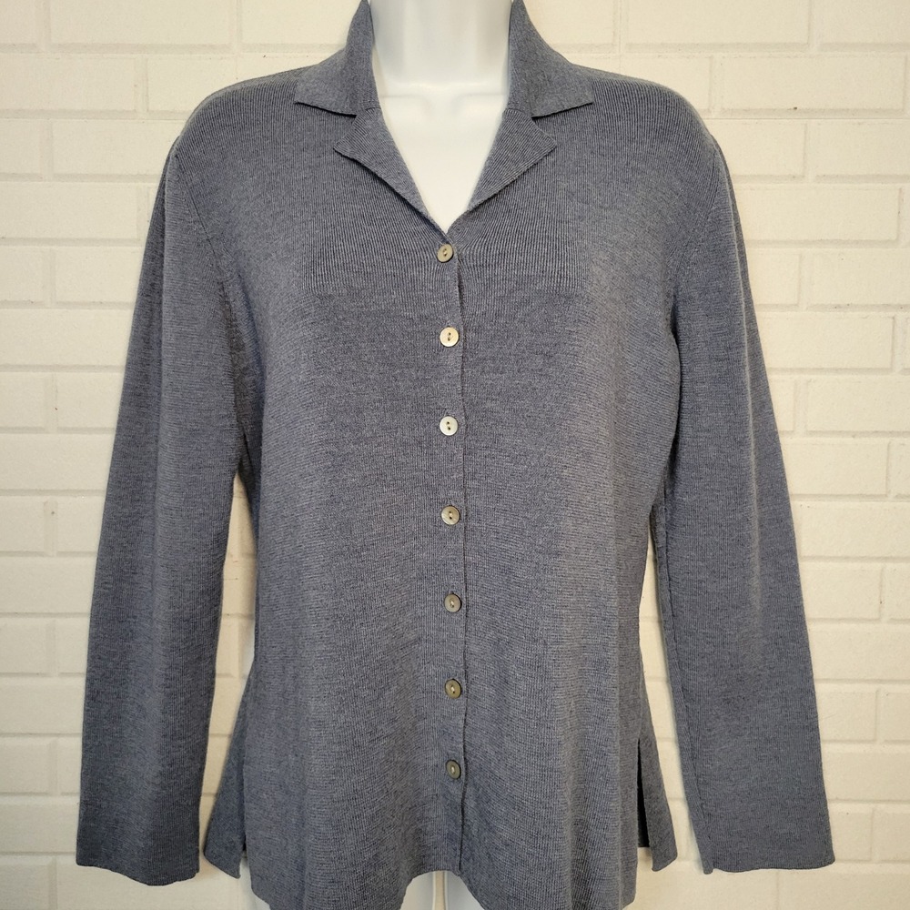 Vintage 80s Merino Wool Button Front Cardigan Sweater‎ Blue Collared Knit Top M